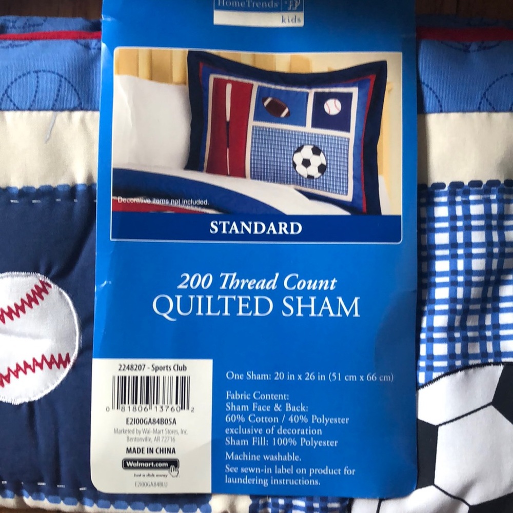 Sham quilted standard 20" x 26" new 60% cotton polyester HomeTrends Sports Club